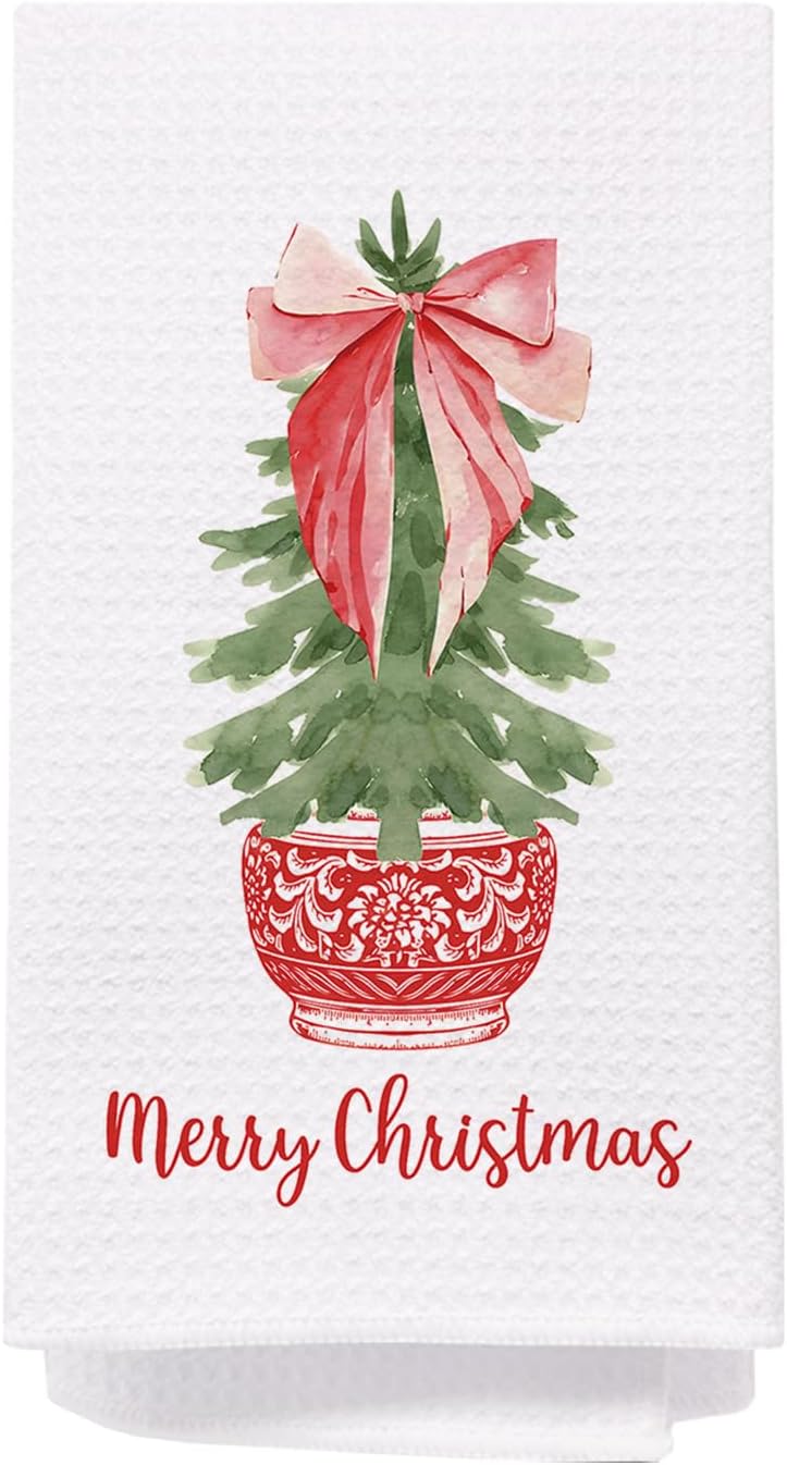 SPBL&L Merry Chinoiserie Christmas Kitchen Towels, Red Porcelain Tree Hand Towels for Bathroom, Red Bow Dish Towels, Kitchen Bathroom Decor, 16x24 Inch - Image 1